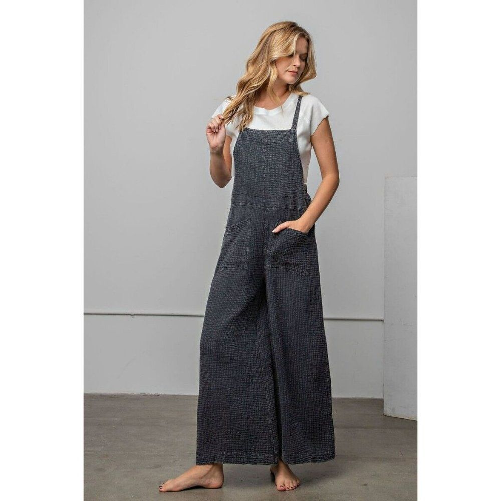 EASEL Washed Black Cotton Jumpsuit Overalls Wide Leg Pants Boho New EB41075 - Picture 3 of 5